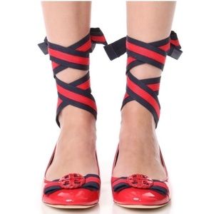 Tory Burch Maritime Flats Red Patent Leather  Tie Up 8.5